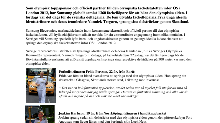 Samsung forstätter att hylla unga ideella ledare: I helgen var det svenskarnas tur att bära den olympiska elden inför OS i London 2012