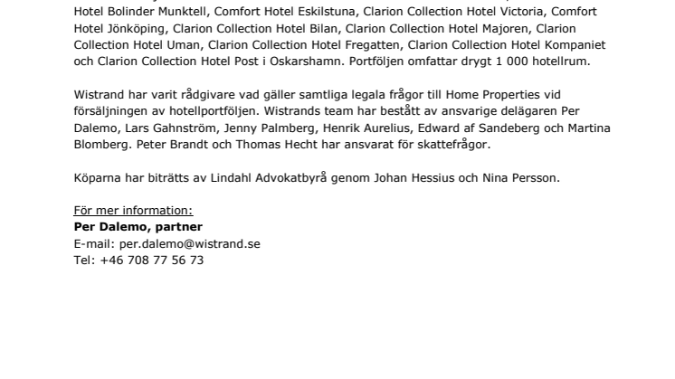 Wistrand biträder Home Properties vid försäljning av elva hotell till LO och Östersjöstiftelsen