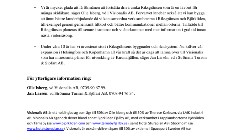 Visionalis AB förvärvar Riksgränsens fjällanläggning