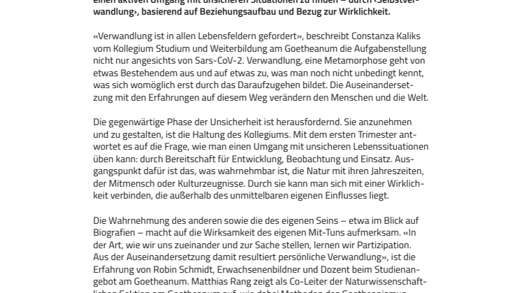 «Verwandlung ist in allen Lebensfeldern gefordert»: Neuer Fokus für erstes Trimester im Studienjahr 2020/21 am Goetheanum
