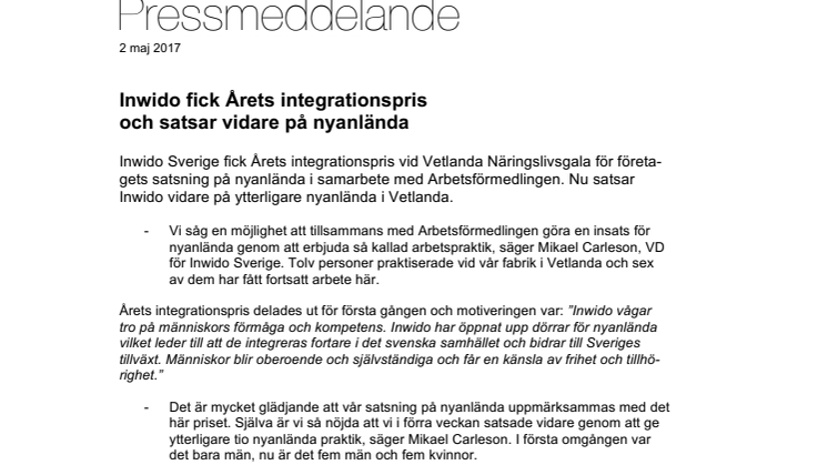 Inwido fick Årets integrationspris och satsar vidare på nyanlända