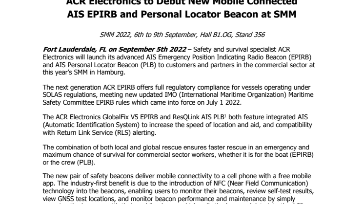 Aug 22.SMM - ACR Electronics to Debut New Mobile Connected AIS EPIRBs and Personal Locator Beacon at SMM.Approved.pdf