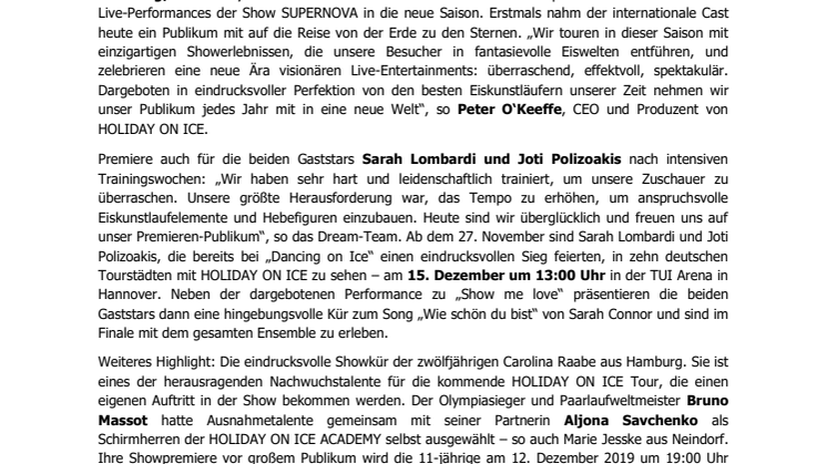 HOLIDAY ON ICE feiert Saisoneröffnung: spektakuläre Cast-Performances und leidenschaftliche Starkür von Sarah Lombardi