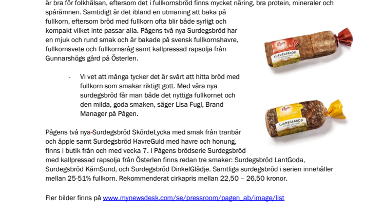 Pågen lanserar nya surdegsbröd med fullkorn och kallpressad rapsolja från Österlen