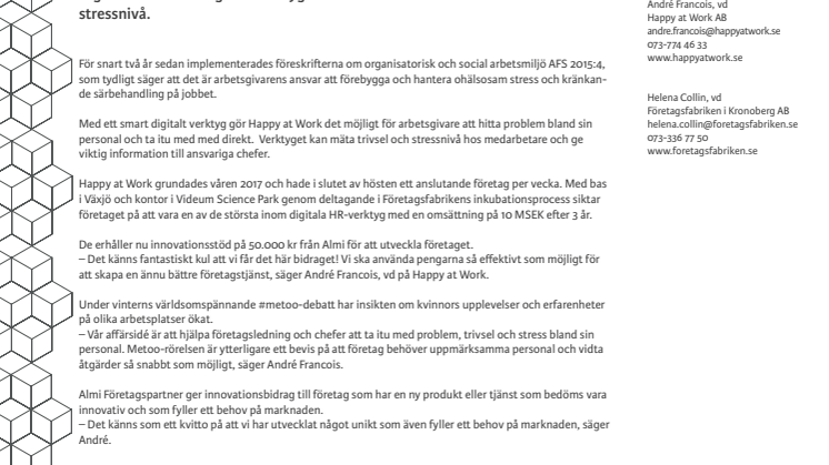 Happy at Work erhåller 50.000 kr från Almi i innovationsstöd