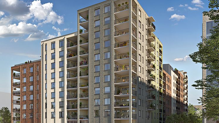 Illustration av brf Österäng. Arkitekt Clarus Arkitekter.  Visualisering Sightline.