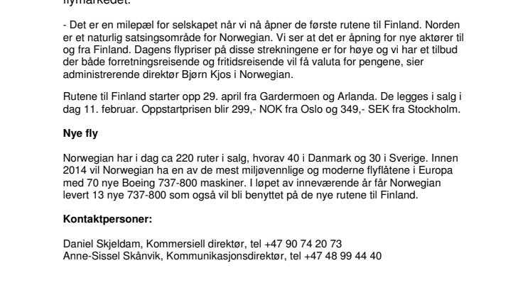 Norwegian satser i Norden og åpner nye ruter til Helsinki 