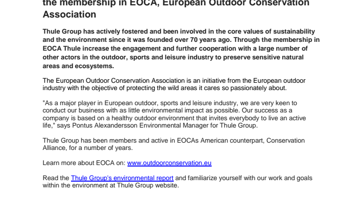 Thule is increasing its environmental commitment through the membership in EOCA, European Outdoor Conservation Association