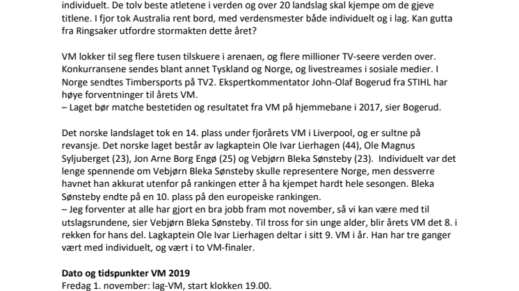 Norge stiller med lag fra Ringsaker til VM i Timbersports 2019