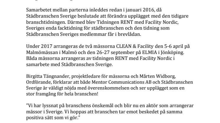 Utökat samarbete mellan Tidningen RENT med Facility Nordic och Städbranschen Sverige kring mässverksamhet