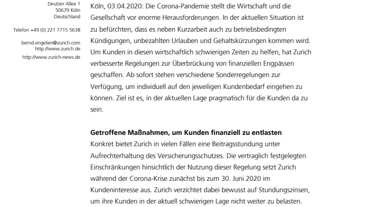 Corona-Pandemie: Zurich unterstützt Lebensversicherungskunden bei Liquiditätsengpässen 