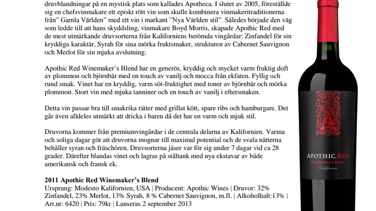 Nyhet på Systembolaget - 2011 Apothic Red Winemaker’s Blend 