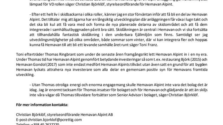 Toni Franz blir ny VD för Hemavan Alpint AB