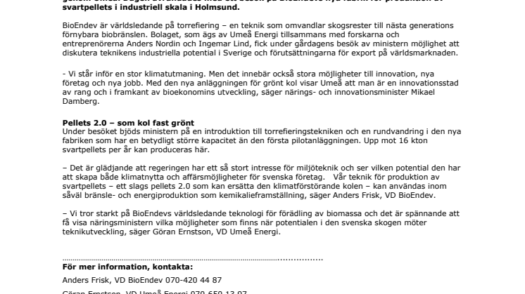 Näringsministern bjöds på ”grönt kol” hos BioEndev