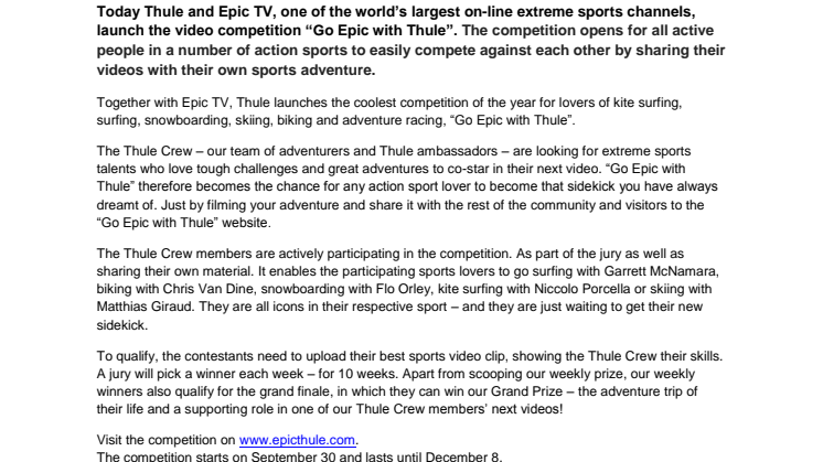 Thule and Epic TV join forces and launch video competition for all lovers of action sports – Go Epic with Thule!