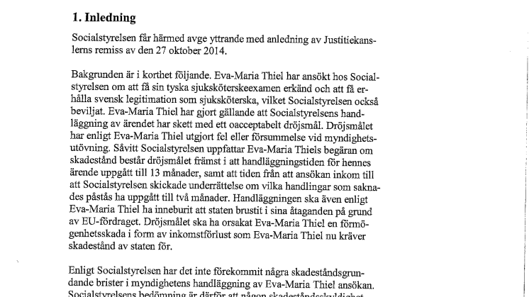 Socialstyrelsens svar till JK i Eva-Maria Thiels fall - 20150127