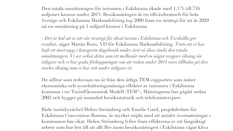 Besöksnäringens omsättning i Eskilstuna ökade med 9 miljoner kronor 2013