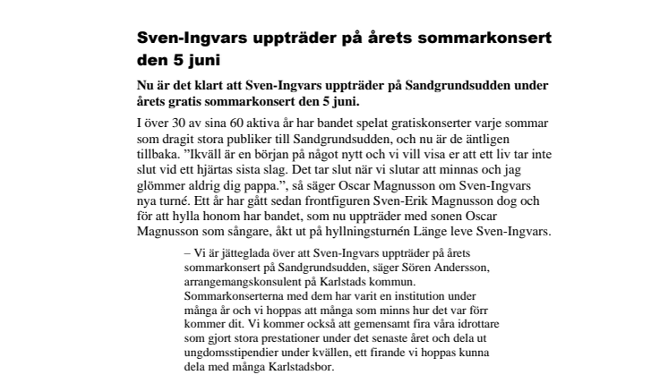 ​Sven-Ingvars uppträder på årets sommarkonsert den 5 juni