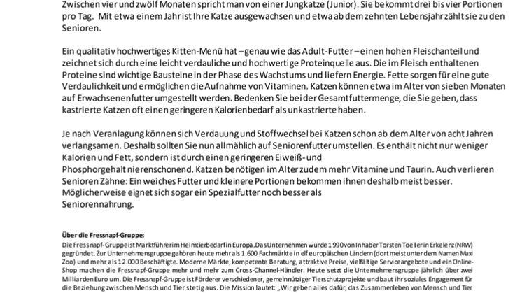 Fressnapf-Tierratgeber 09/2019: Katzen altersgerecht füttern - Was kommt in den Napf?