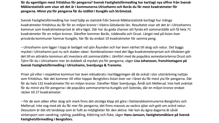 Ulricehamn toppar listan: Här får du mest fritidshus för pengarna i Västra Götaland