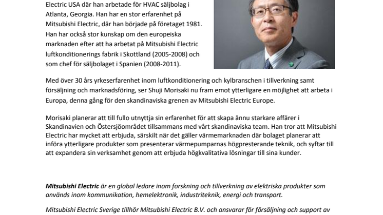 Mitsubishi Electric tillkännager ny Branch President