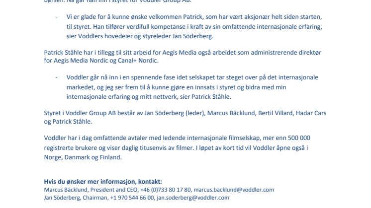 Patrick Ståhle går inn i styret for Voddler