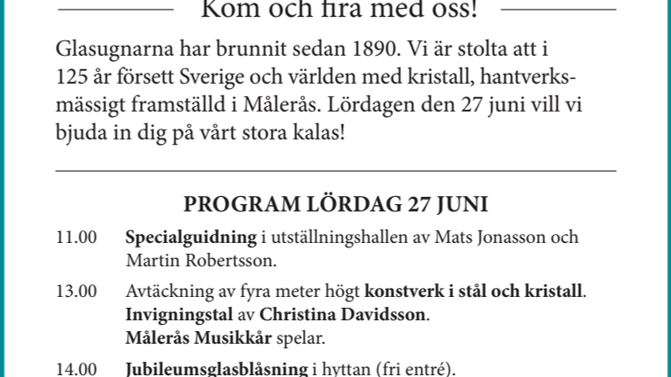 Jubileumsdag 27 juni - Målerås Glasbruk 125 år