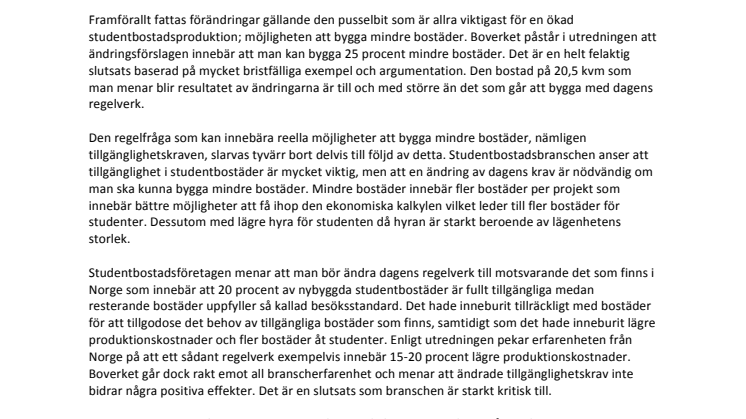 Remissyttrande: Boverkets förslag till regeländringar kommer inte skapa fler studentbostäder