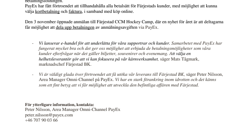 PayEx utökar samarbetet med Färjestad BK