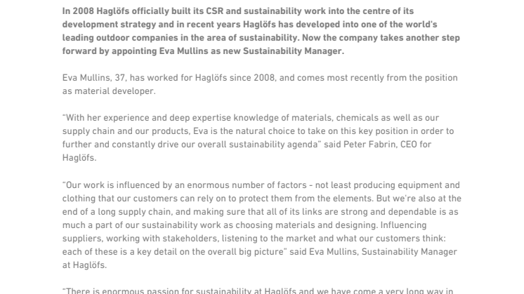 EVA MULLINS NEW SUSTAINABILITY MANAGER AT HAGLÖFS