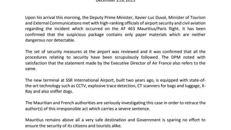 Flight AF 463 Air France: “Mauritius stays a safe destination,” says Deputy Prime Minister, Minister of Tourism and External Communications