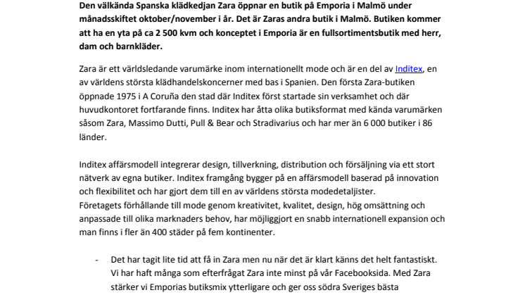 Zara öppnar butik på Emporia i Malmö i höst