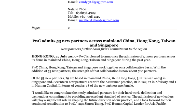 PwC admits 53 new partners across mainland China, Hong Kong, Taiwan and Singapore