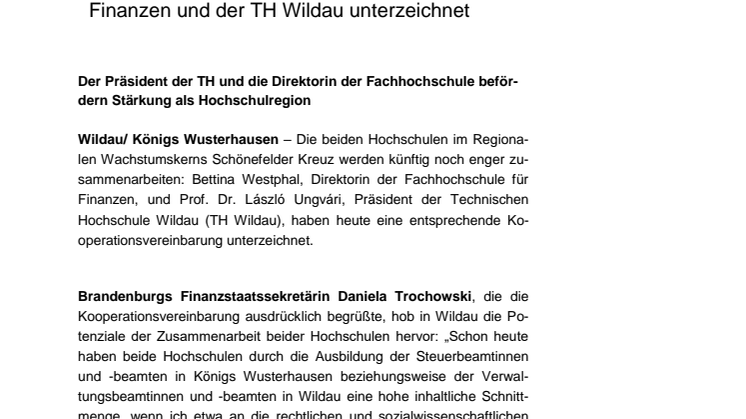 Kooperation zwischen der TH Wildau und der Fachhochschule für Finanzen Königs Wusterhausen