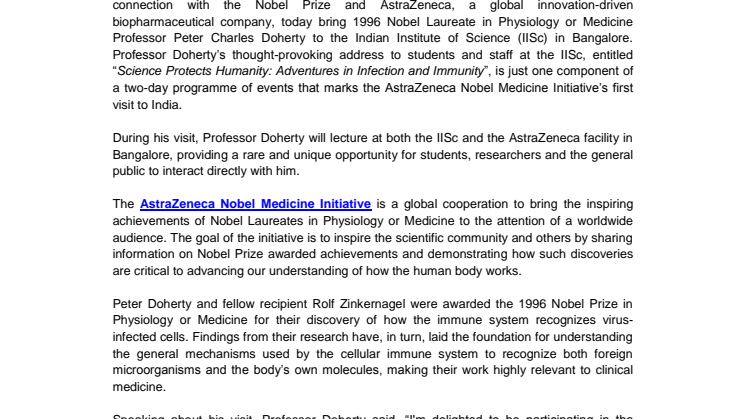 Nobel Media and AstraZeneca bring Nobel Laureate Peter Doherty to India