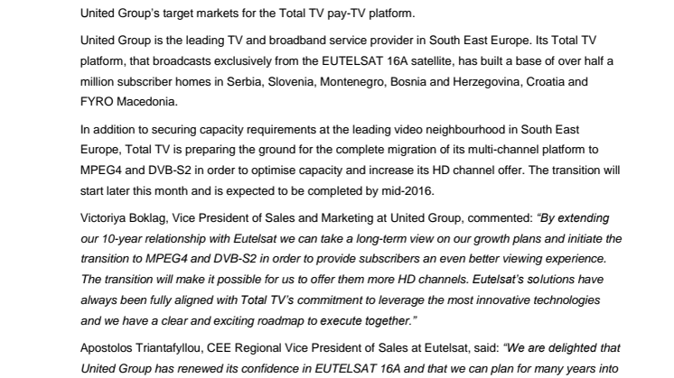 United Group extends commercial relationship with Eutelsat