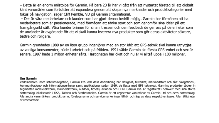 Garmin® passerar en milstolpe: 100 miljoner enheter sålda