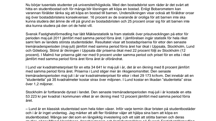 Bobarometern: Varannan förälder beredd att köpa studentbostad till barnen och priset på ettor stiger i Lund