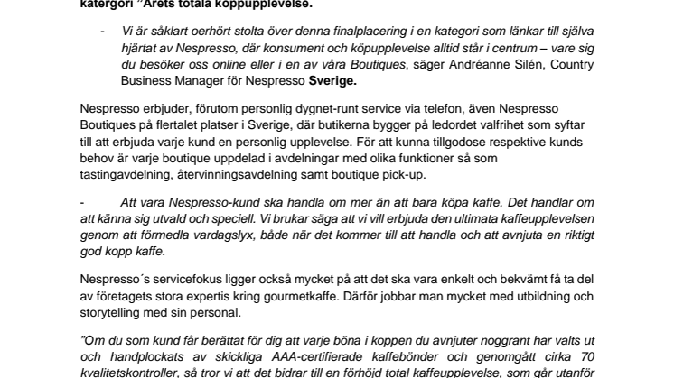 NESPRESSO FINALISTER I RETAIL AWARDS I KATEGORIN ’ÅRETS TOTALA KÖPUPPLEVELSE’