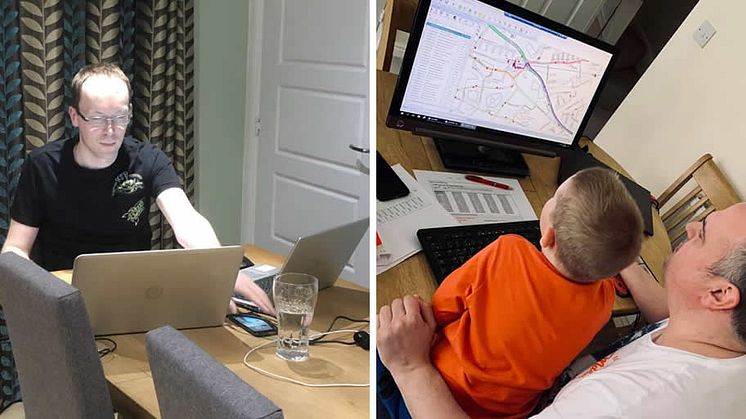 Go North East's network design manager Graham Hill (left), and operations scheduling assistant Christopher Strong (right), working from home with a helping hand from his son Alfie