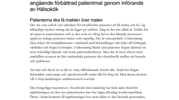 Förslag om hälsokök på Stockholms sjukhus (S, MP, V)