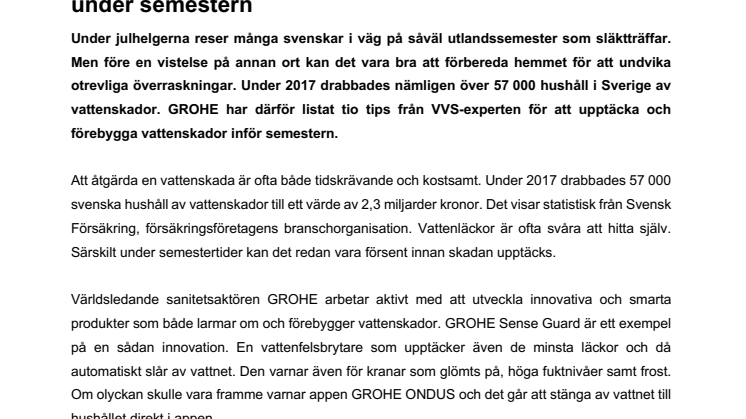 Tips från GROHEs VVS-expert:  Så skyddar du ditt hem från vattenskador under semestern