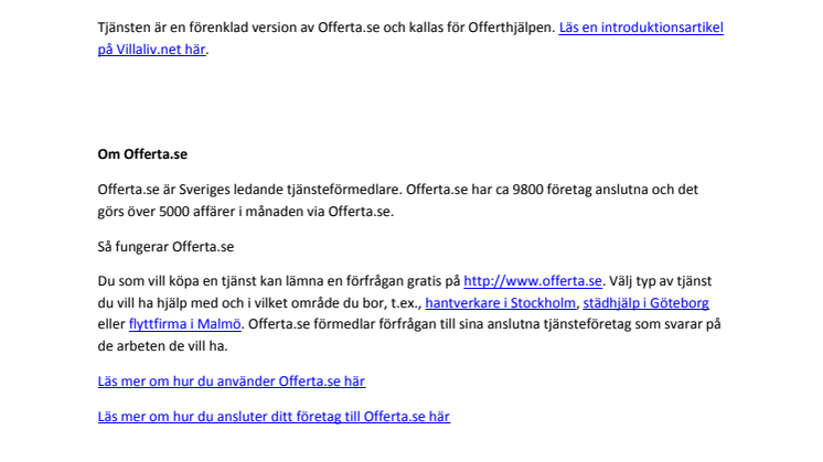 Offerta.se startar Offerthjälpen i samarbete med Villaliv 