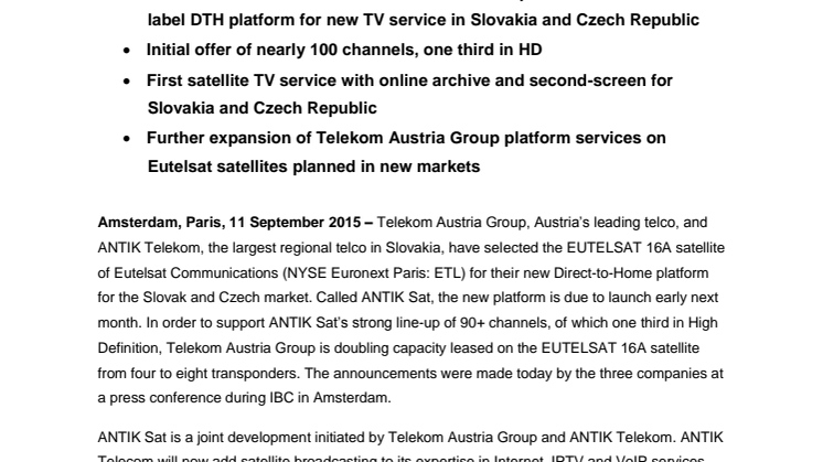 Telekom Austria Group and ANTIK Telecom pick EUTELSAT 16A satellite for new “ANTIK Sat” TV platform in Slovakia and Czech Republic 