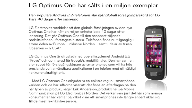 LG Optimus One har sålts i en miljon exemplar