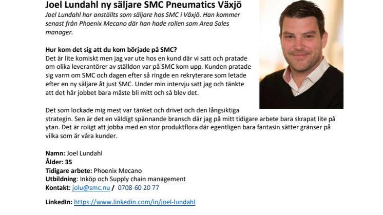 Joel Lundahl ny säljare SMC Pneumatics Växjö