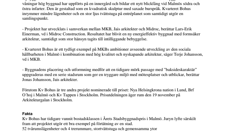 Kv Bohus i Malmö nomineras till arkitekturpris