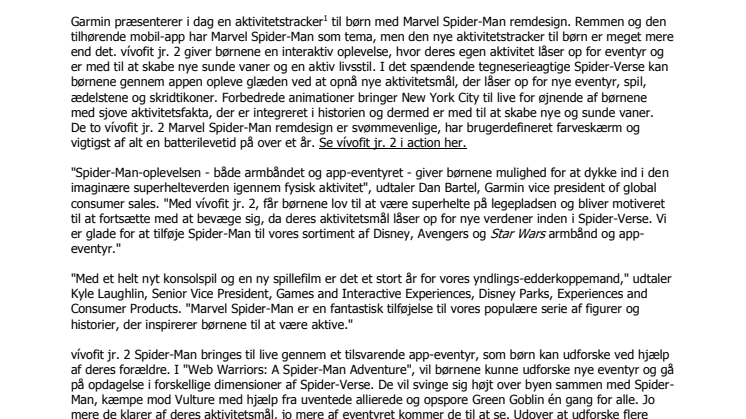 Garmin® og Marvel lancerer vívofit® jr. 2 aktivitetstracker til børn og interaktiv app  med Marvel Spider-Man