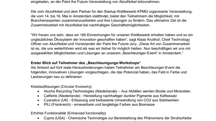 Shortlist von „Paint the Future”, der Start-Up Challenge von AkzoNobel