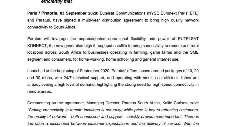 Eutelsat and Paratus sign distribution agreement for EUTELSAT KONNECT capacity over South Africa